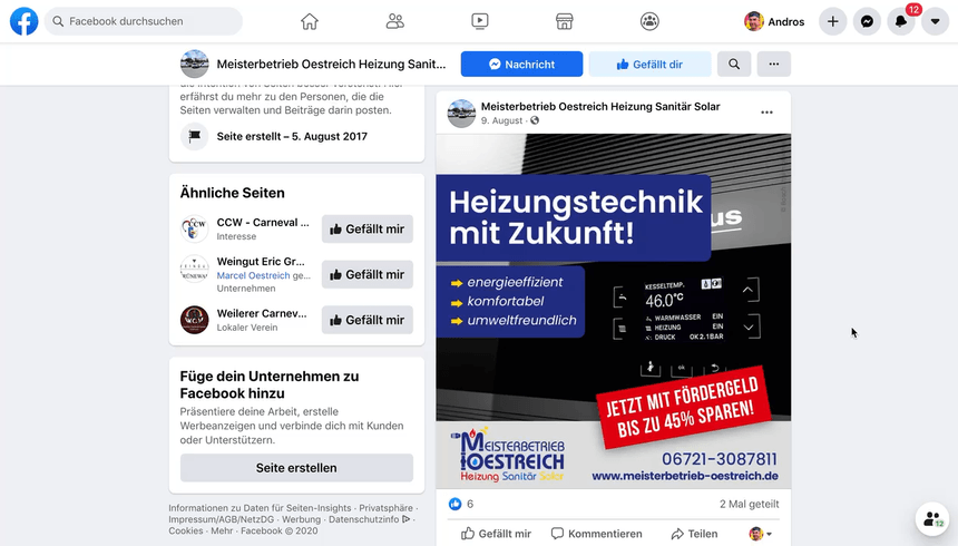 Facebook Werbeanzeigen für Meisterbetrieb Oestreich