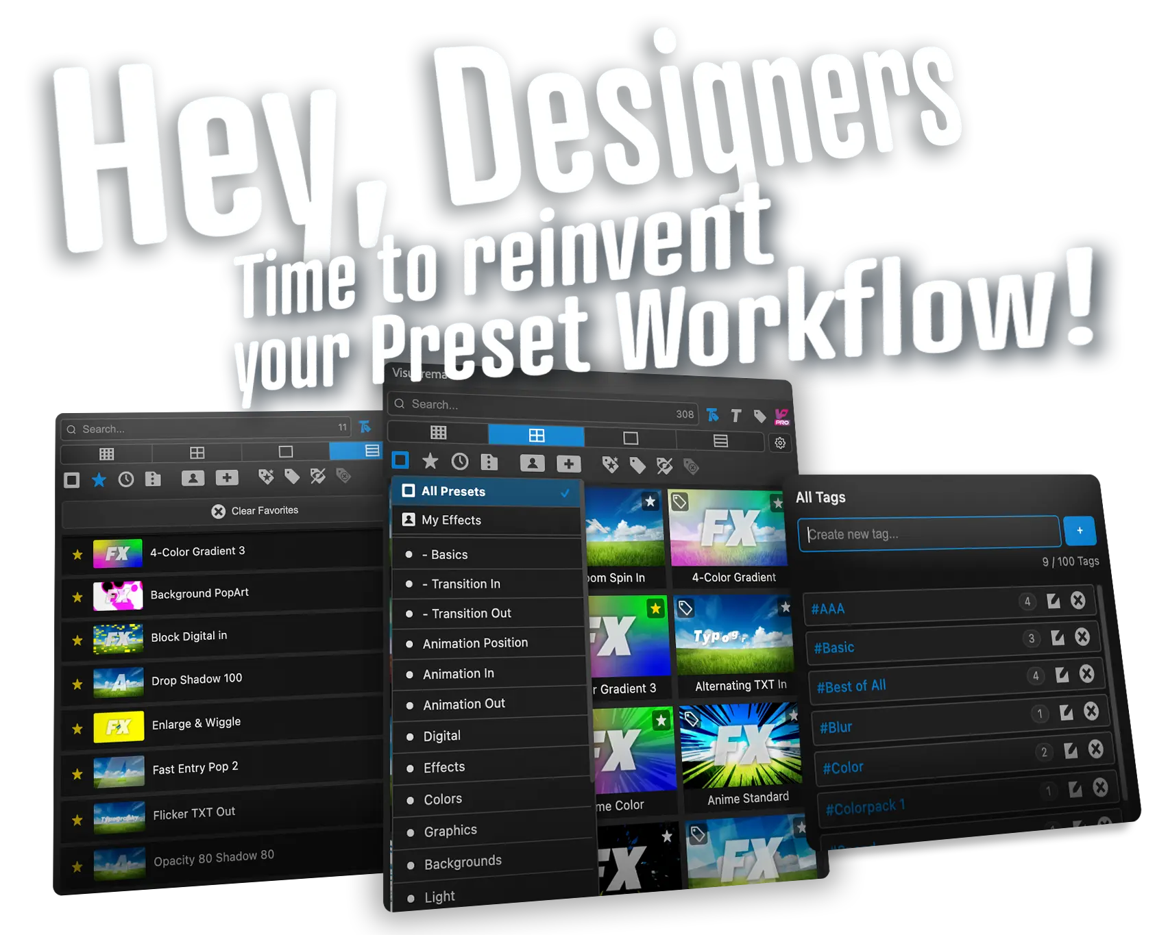 Abbildung von 3 Visuprema Plugin Panels mit Text Hey Designers, Time to reinvent your preset workflow auf blauem Hintergrund