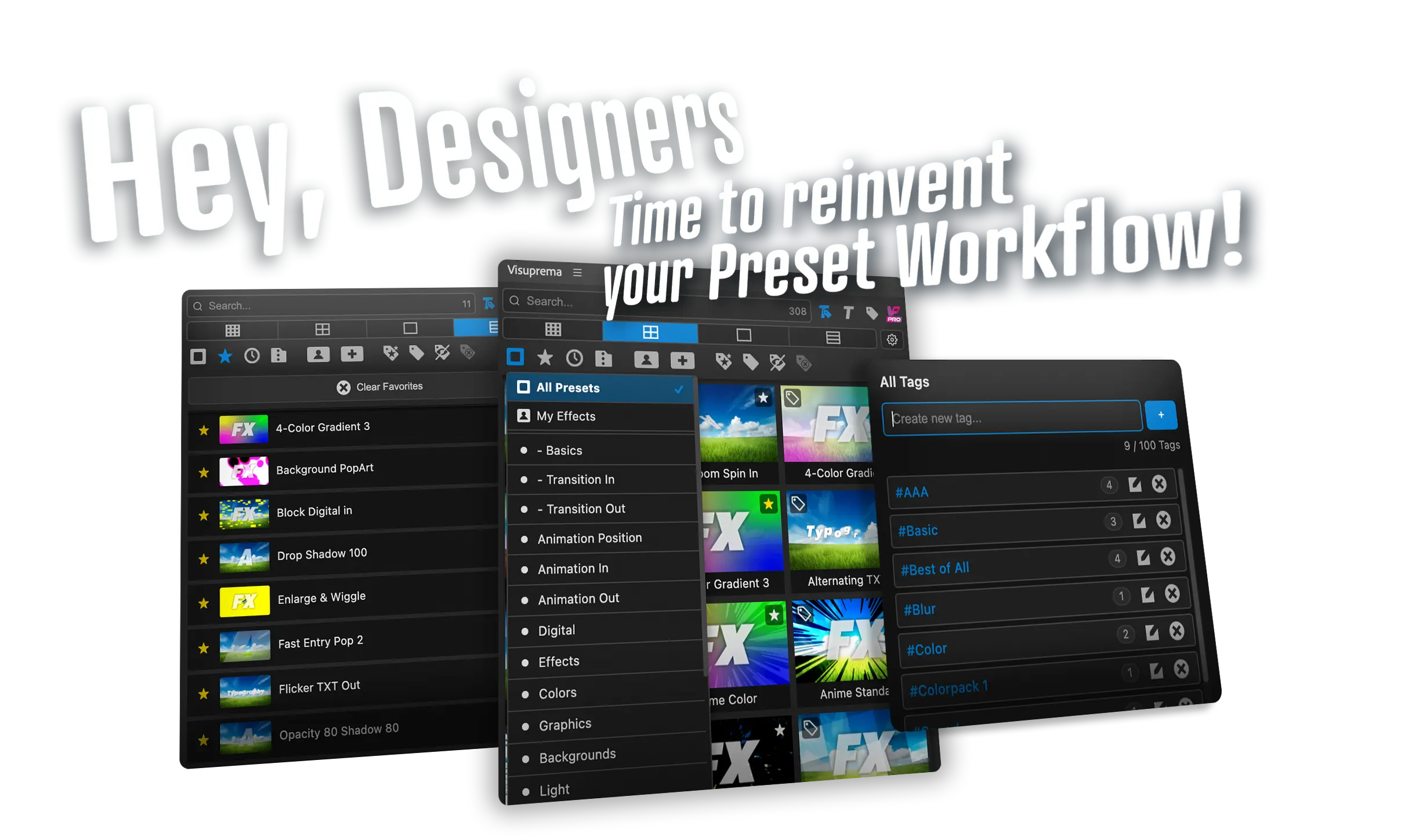 Abbildung von 3 Visuprema Plugin Panels mit Text Hey Designers, Time to reinvent your preset workflow auf blauem Hintergrund