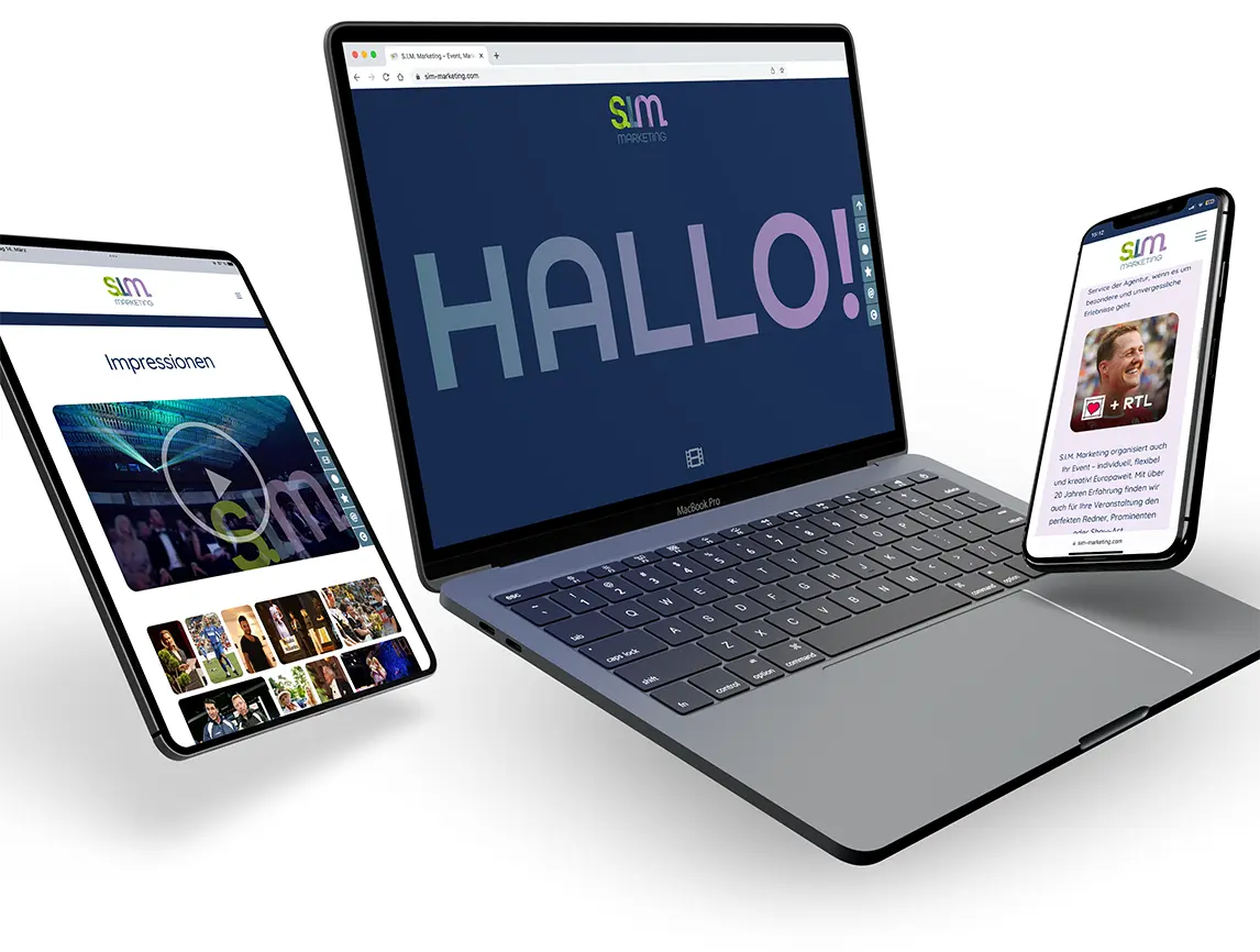 Webseite von S.I.M Marketing in einem Tablet, in einem Notebook und in einem Smartphone